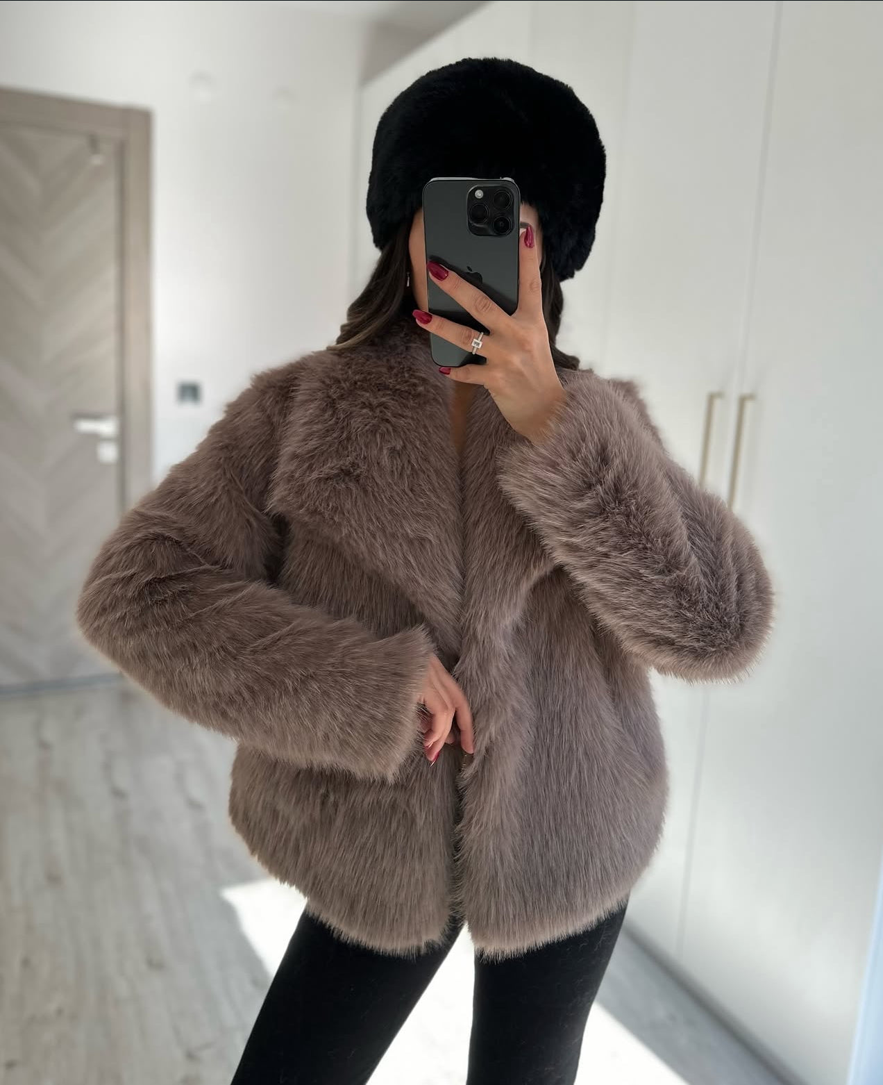 Faux Fur Short Jacket - Mocha color-