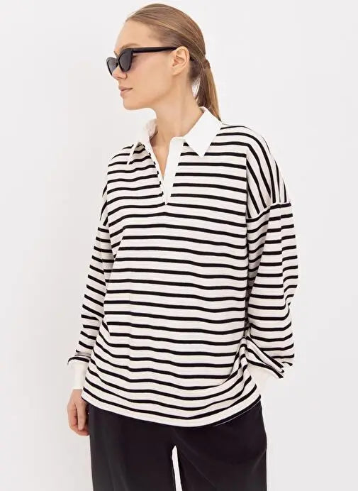 Polo Neck Black Striped Long Sleeve Women's Sweatshirt