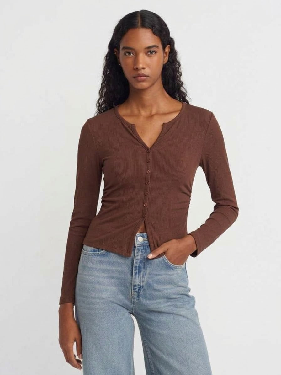 Ruched Button-Down Long Sleeve Top in Brown Color
