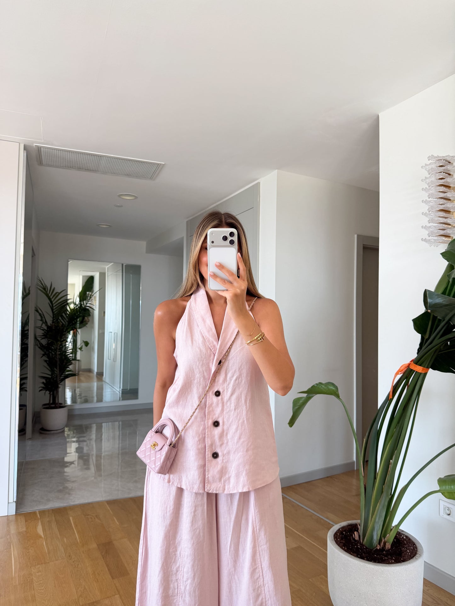 The Resort Halter & Wide-Leg Linen Set in Powder Pink