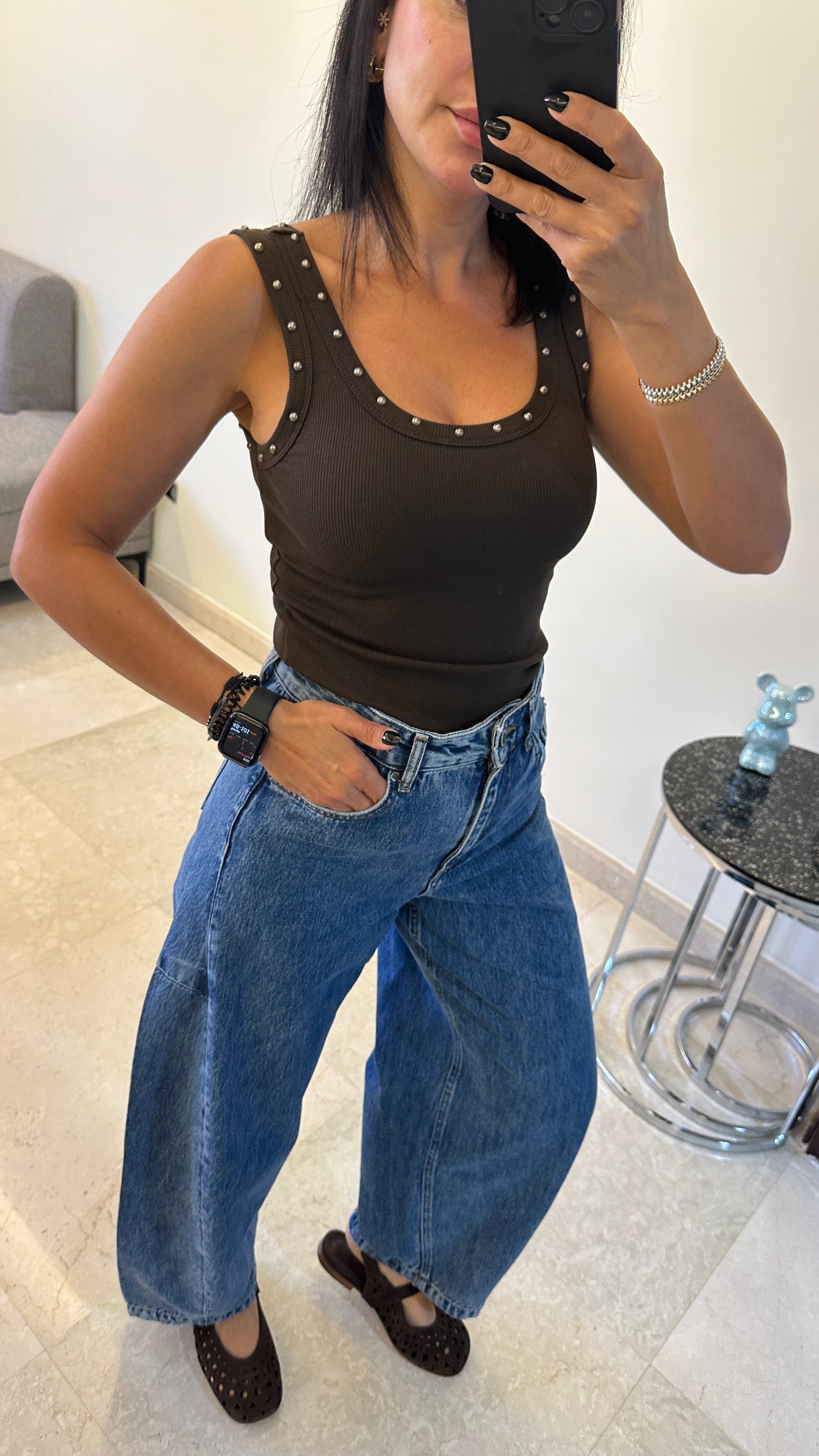 Cleo Studded Ribbed Tank Top - Brown Color -