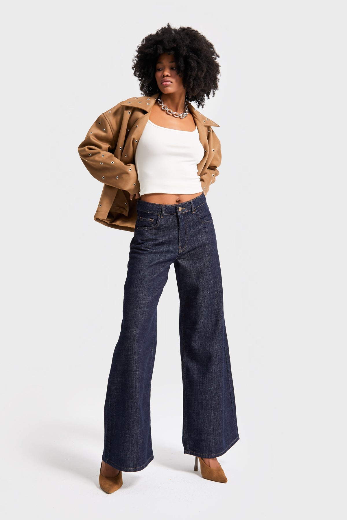 Palazzo Denim jeans- Dark Blue - Mid Waist