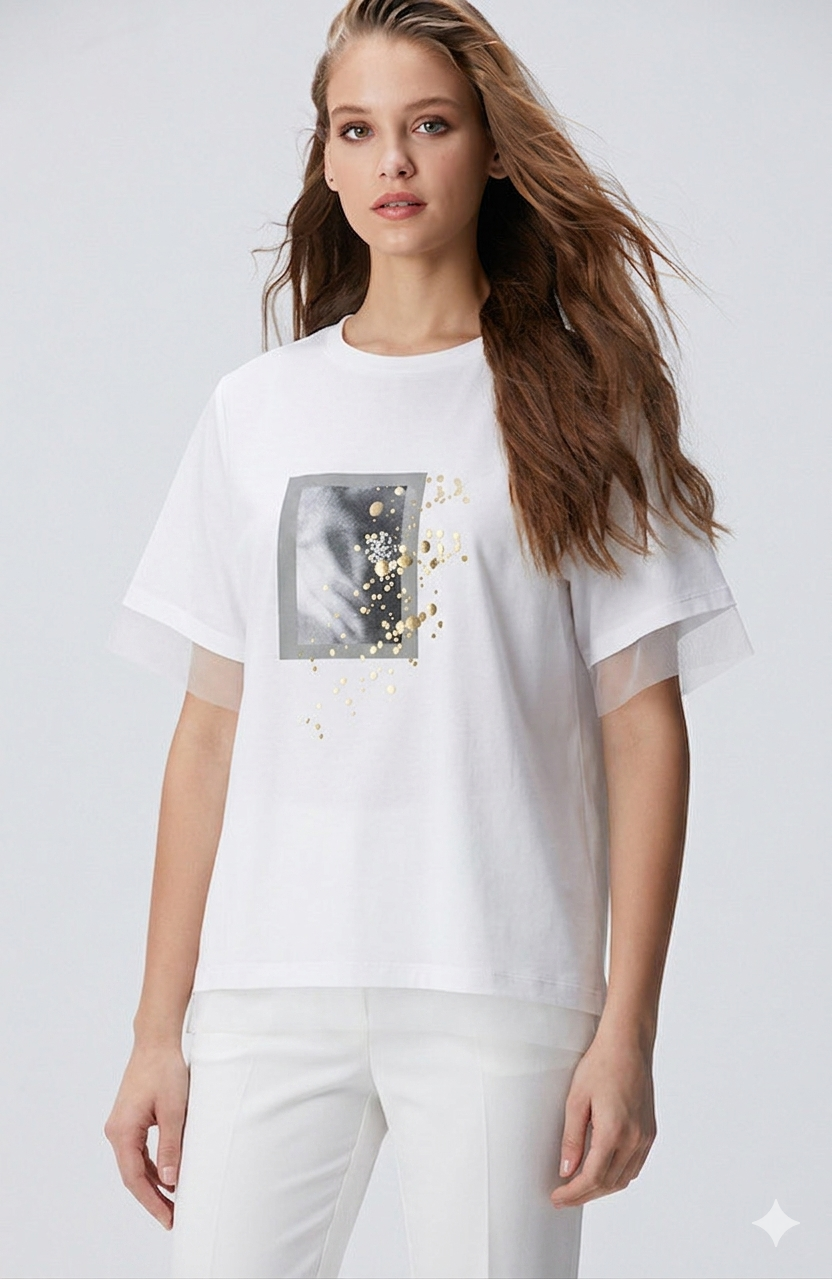The Abstract Foil-Print Tulle Tee - White color -