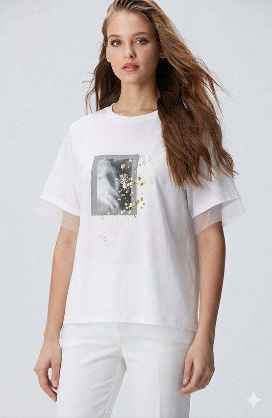 The Abstract Foil-Print Tulle Tee - White color -
