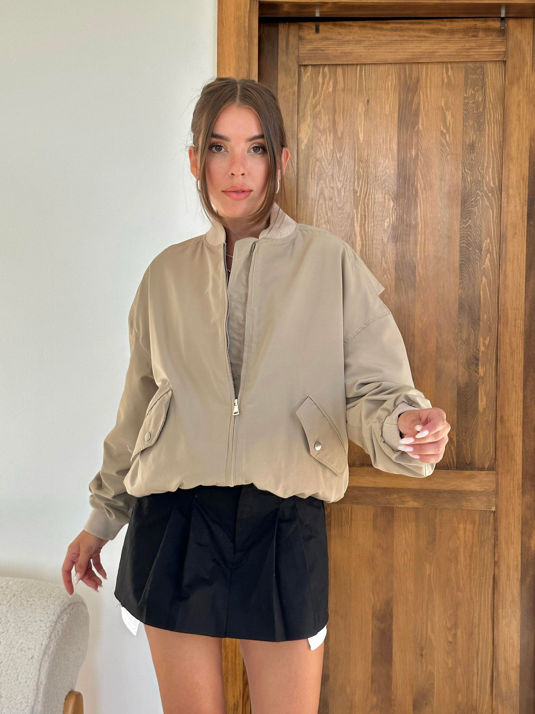 Oversize Bomber Jacket -Greige Color - Oversized