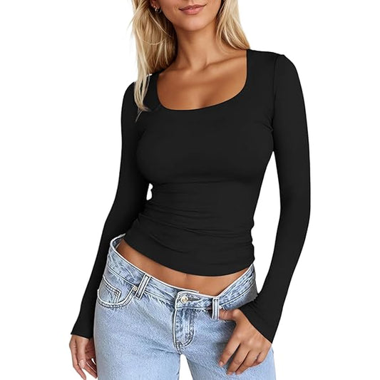 Square Neck Basic Tight Fitted Cropped Tops - Black Color -