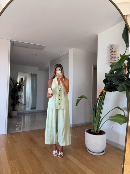 The Resort Halter & Wide-Leg Linen Set in Mint, Pastel Sage