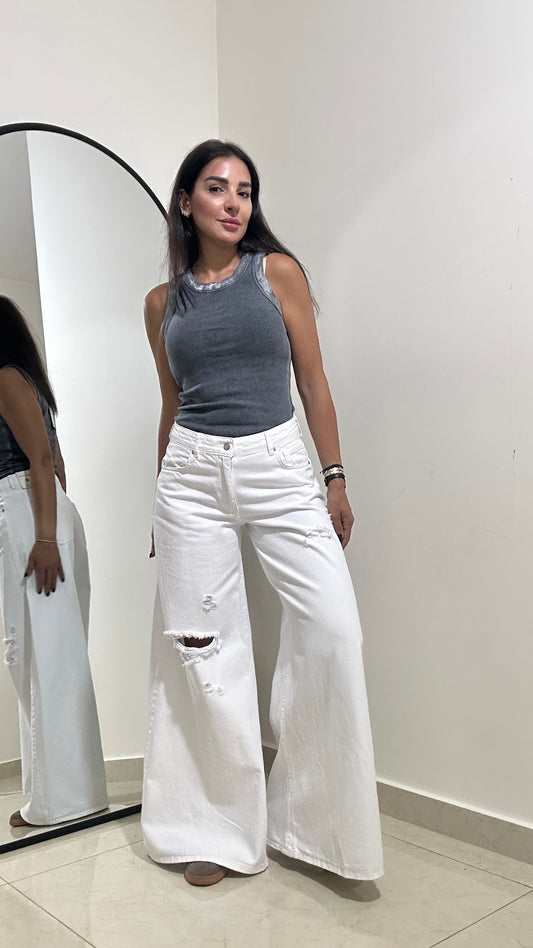 Ripped Palazzo White Denim Jeans