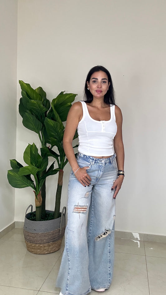 Ripped Jeans - washed beige - wide Leg