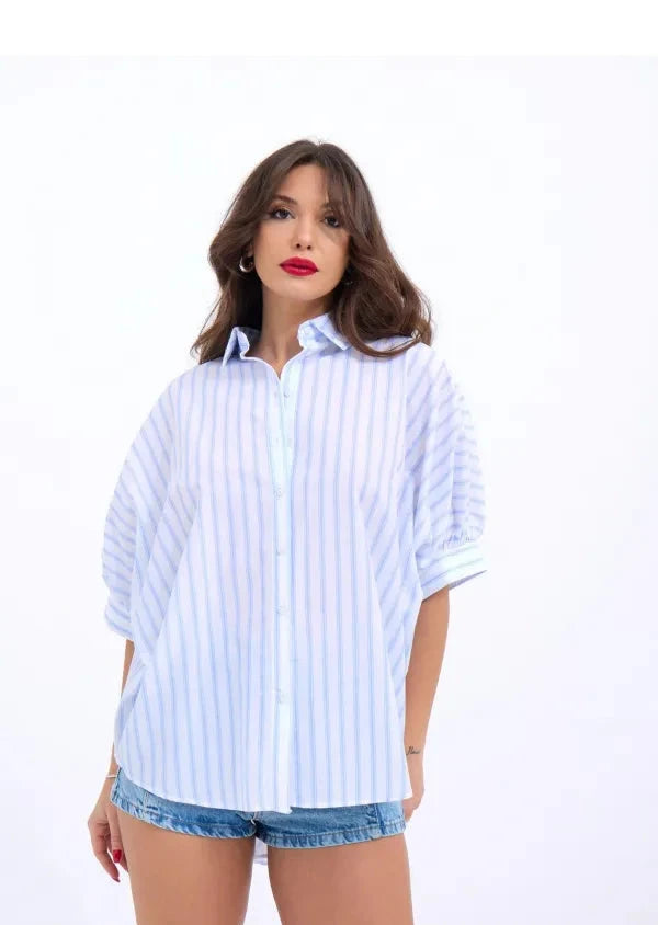 Serene Stripe Open-Back Blouse – Blue & White