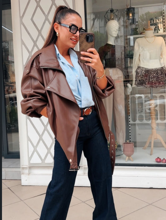 Faux Leather Jacket-Brown Color - Oversized