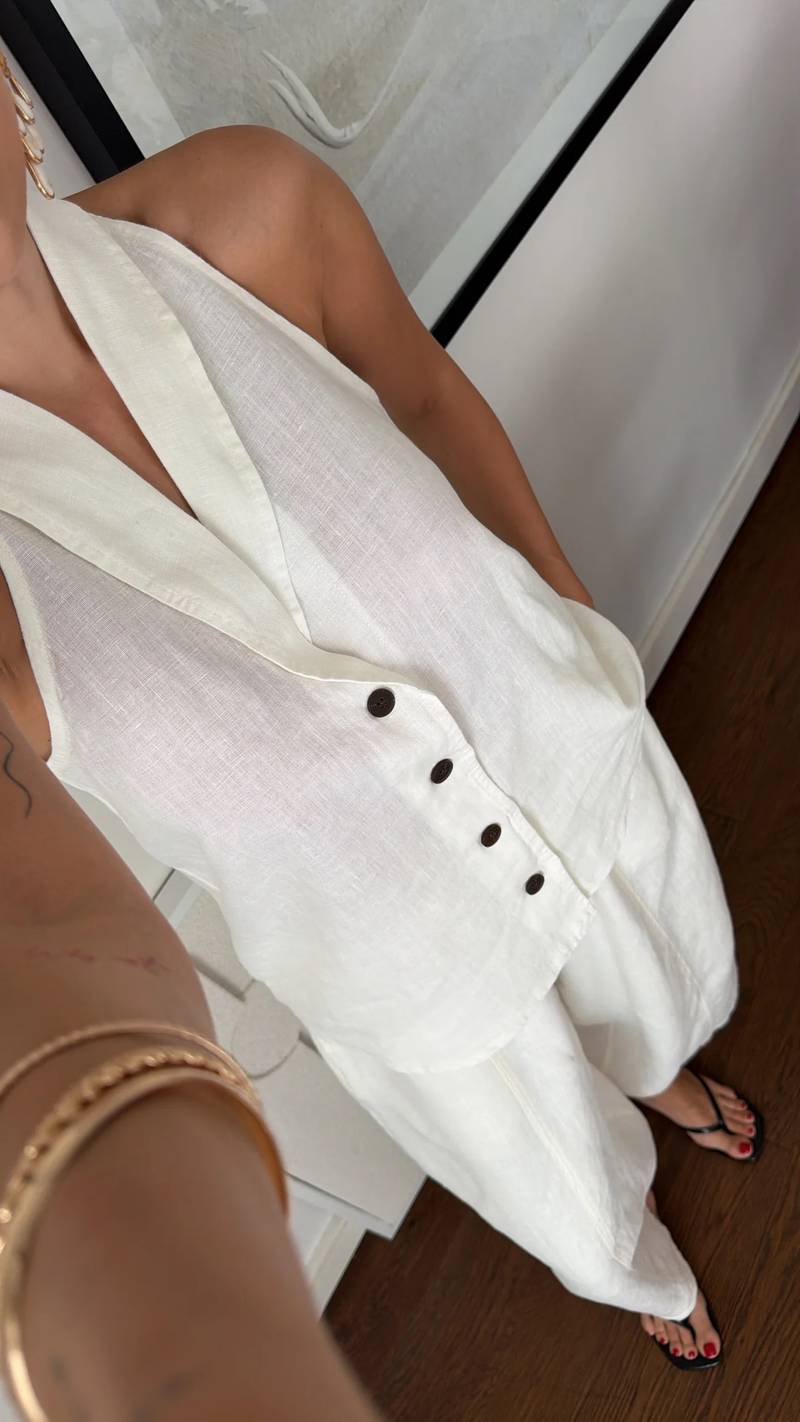 The Resort Halter & Wide-Leg Linen Set in White Color