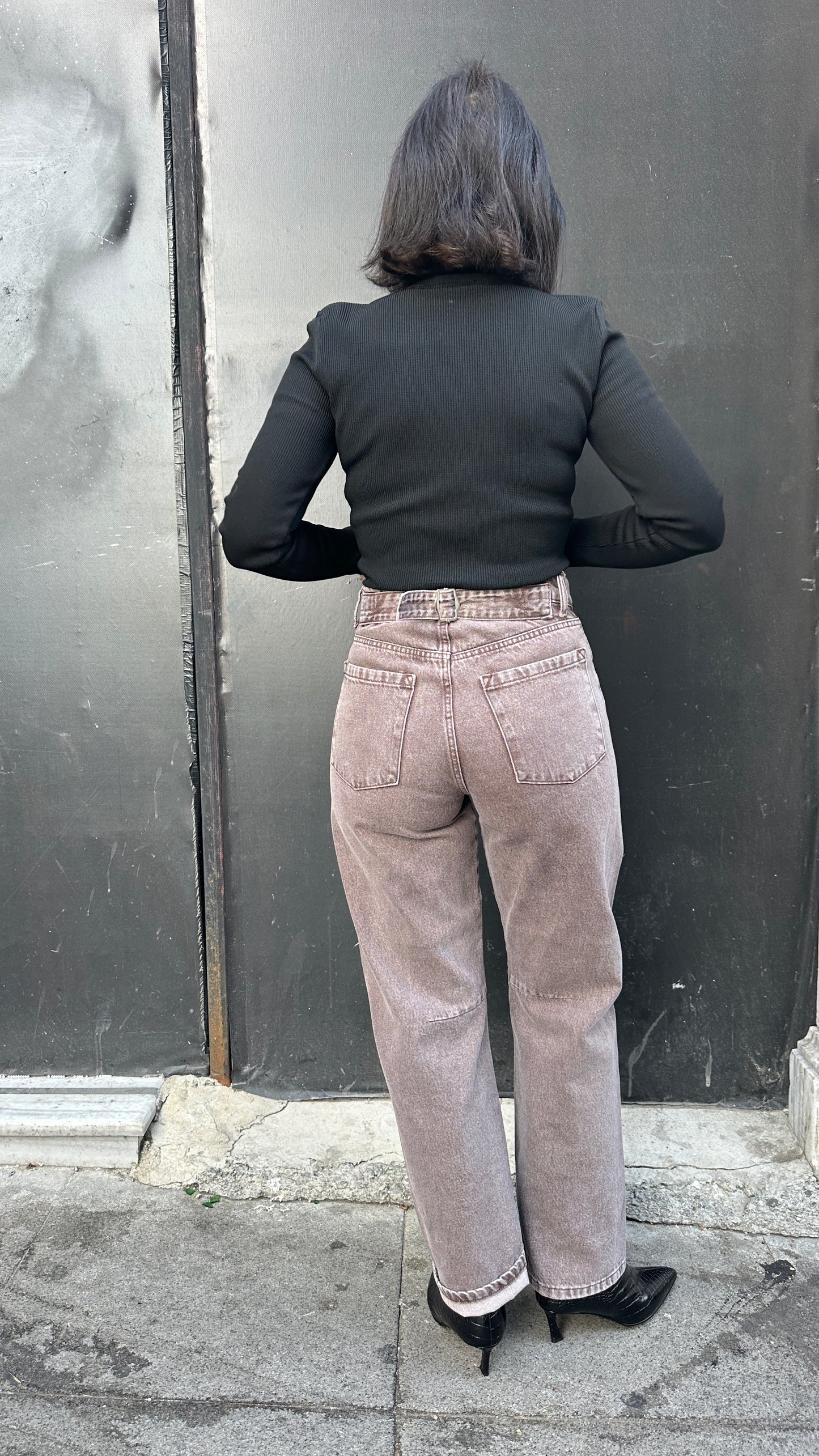 Mom Fit Denim Jeans - Brown Color - with a built in Belt on the Back