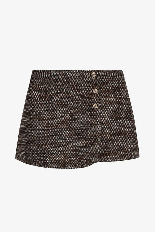 Brown & Ivory Tweed Mini Skort- Tweed texture, Decorative Button Trim, Asymmetrical Hem