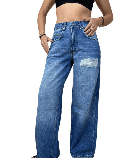 Distressed Wide-Leg Denim – Mid Wash