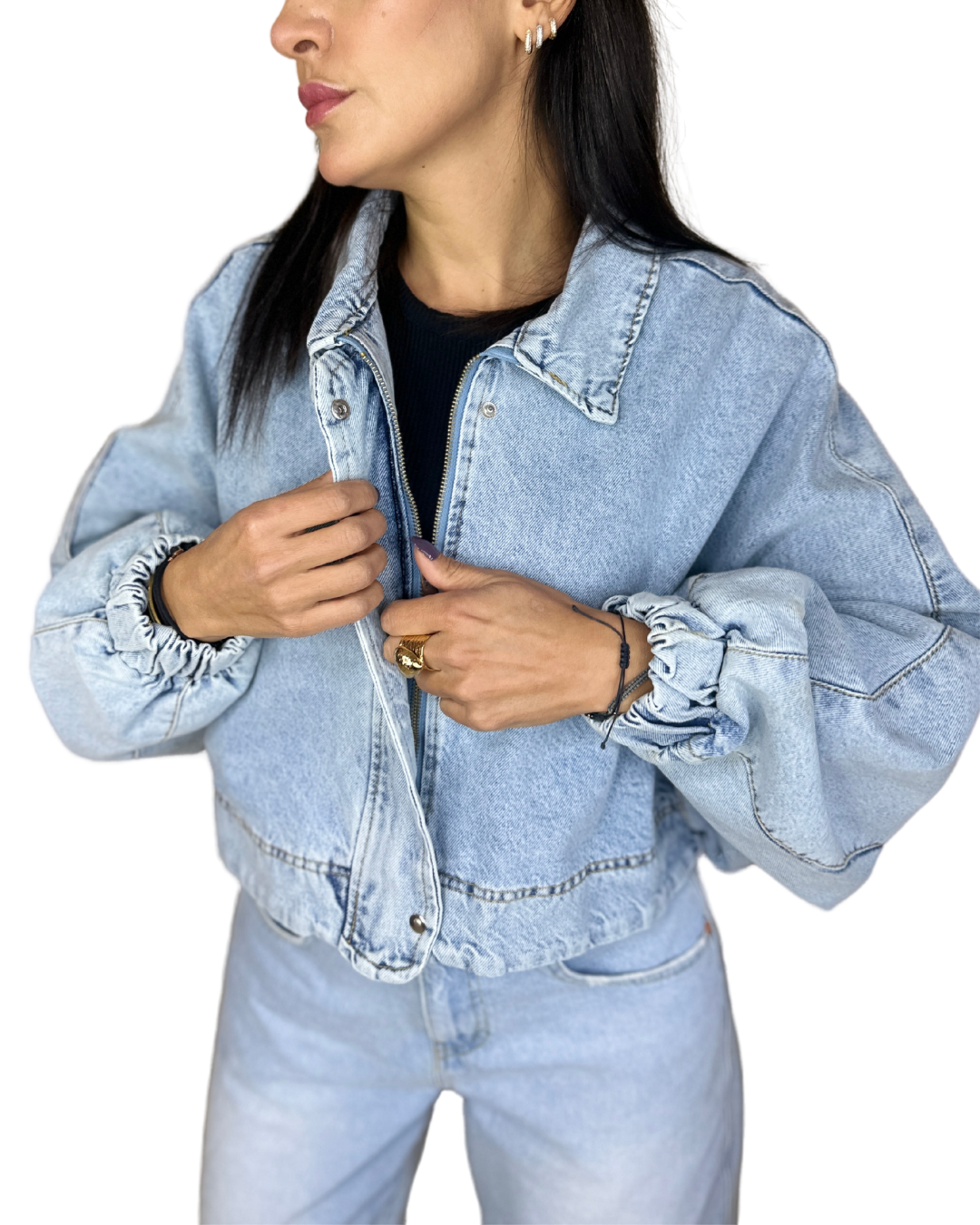 Cropped Balloon Denim Jacket with Puffy Sleeves