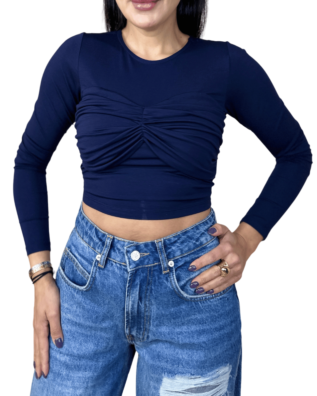 Ruched Long Sleeve Crop Top – Navy