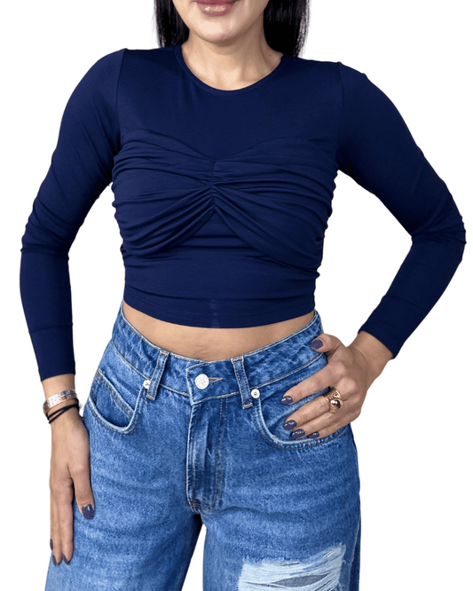 Ruched Long Sleeve Crop Top – Navy