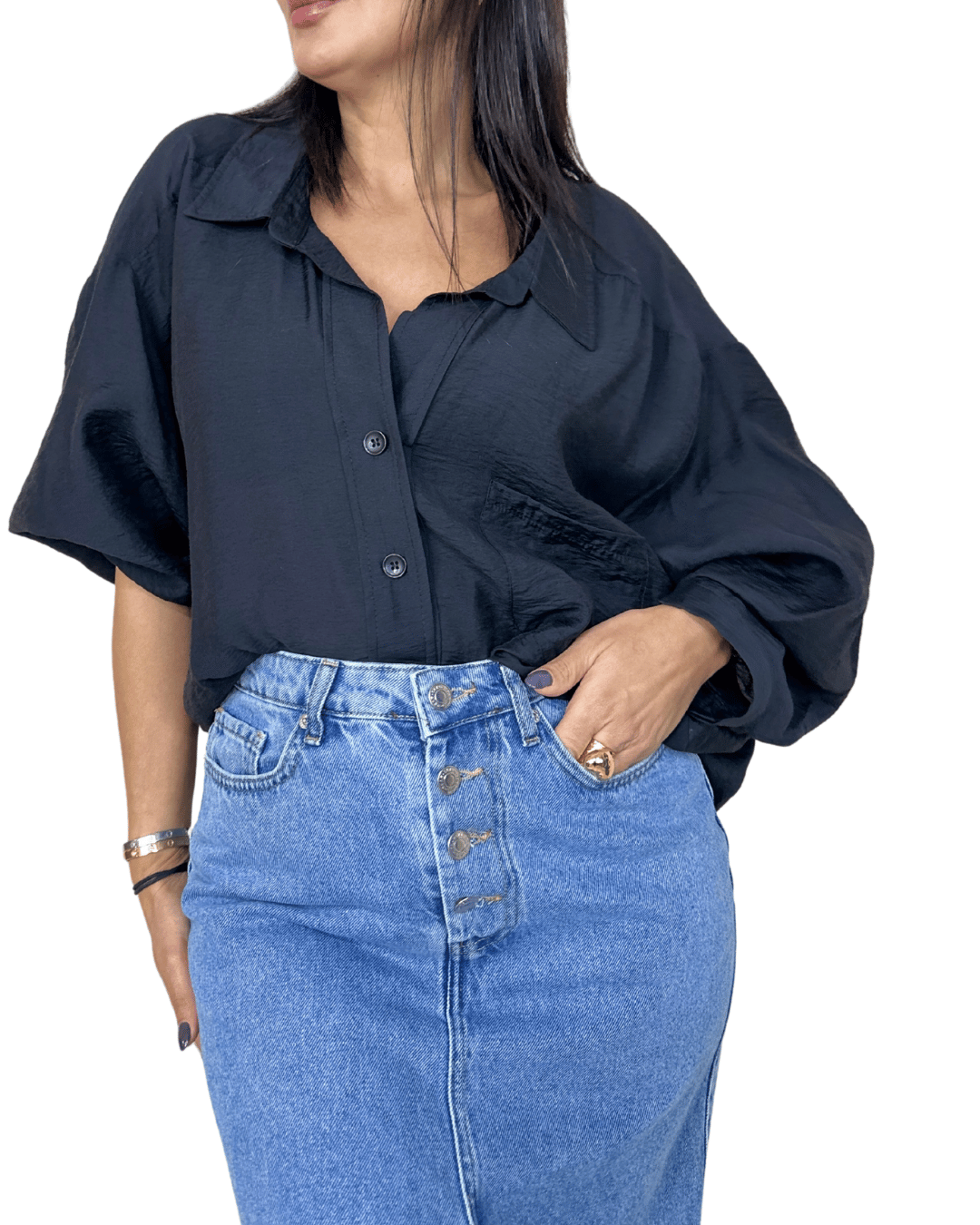 Oversized Textured Black Shirt