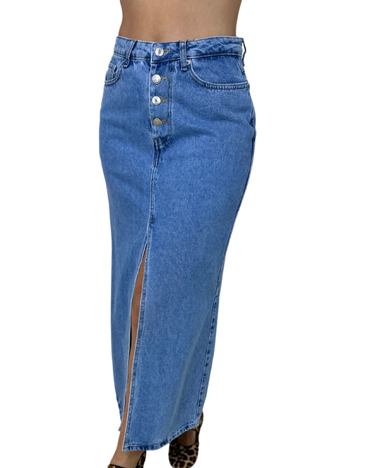 Button-Front Denim Skirt – Blue