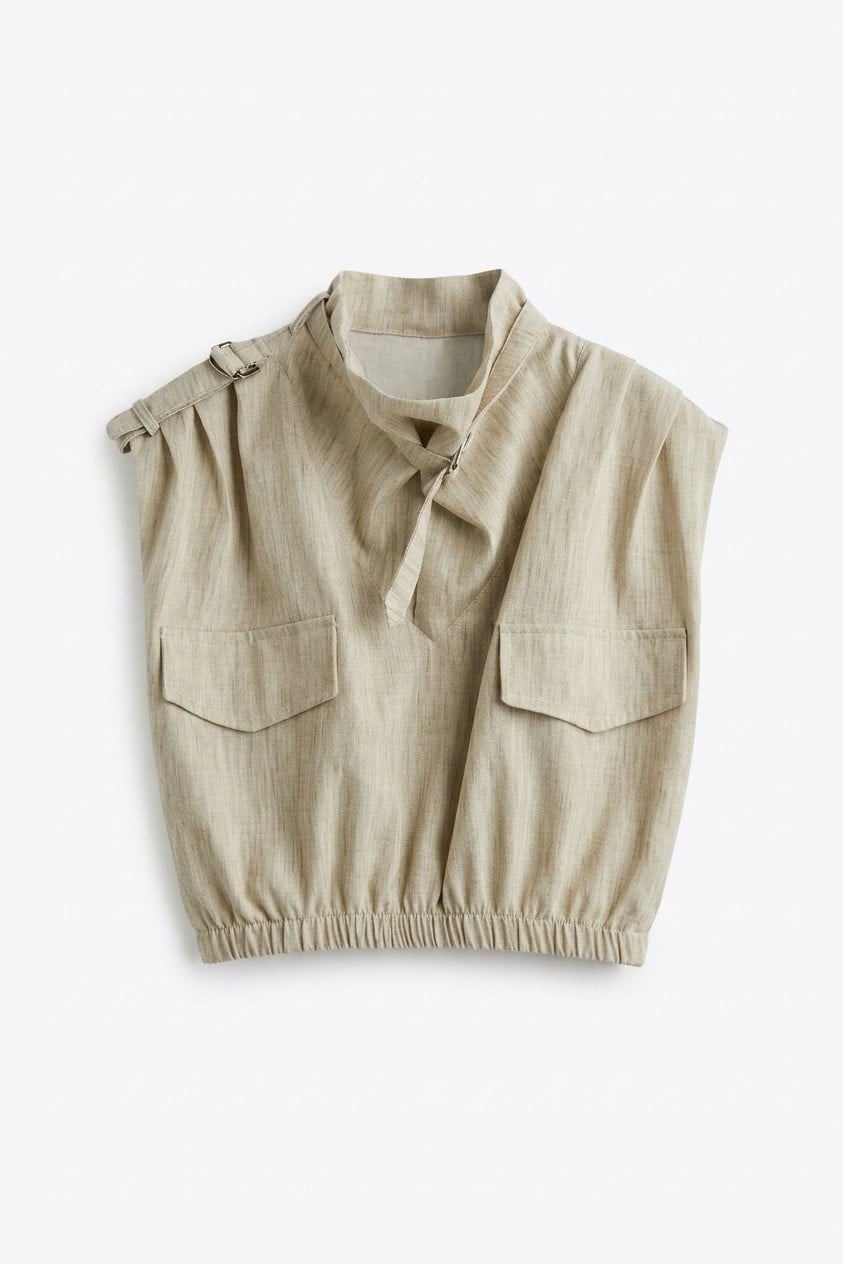 Sleeveless Buckled High-Collar Cropped Linen-Look Top