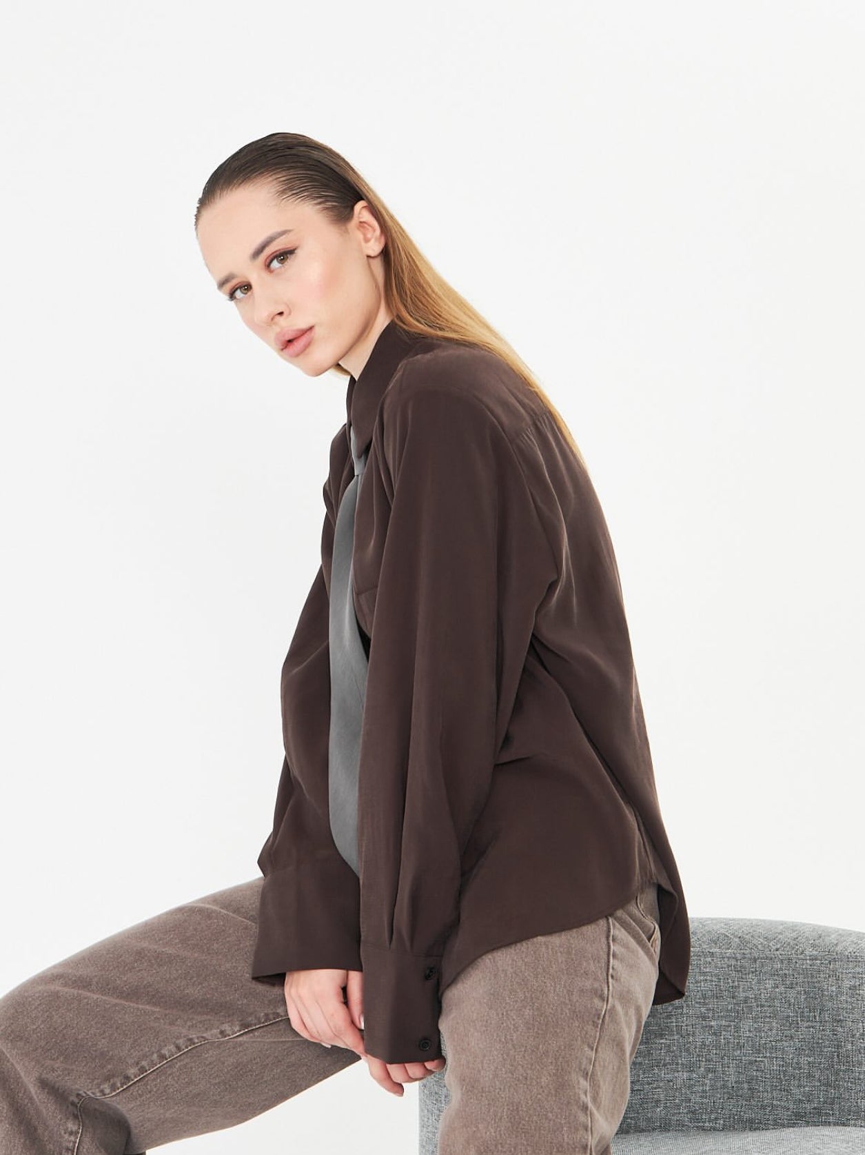 Oversized Brown Shirt with contrast Tie in Grey