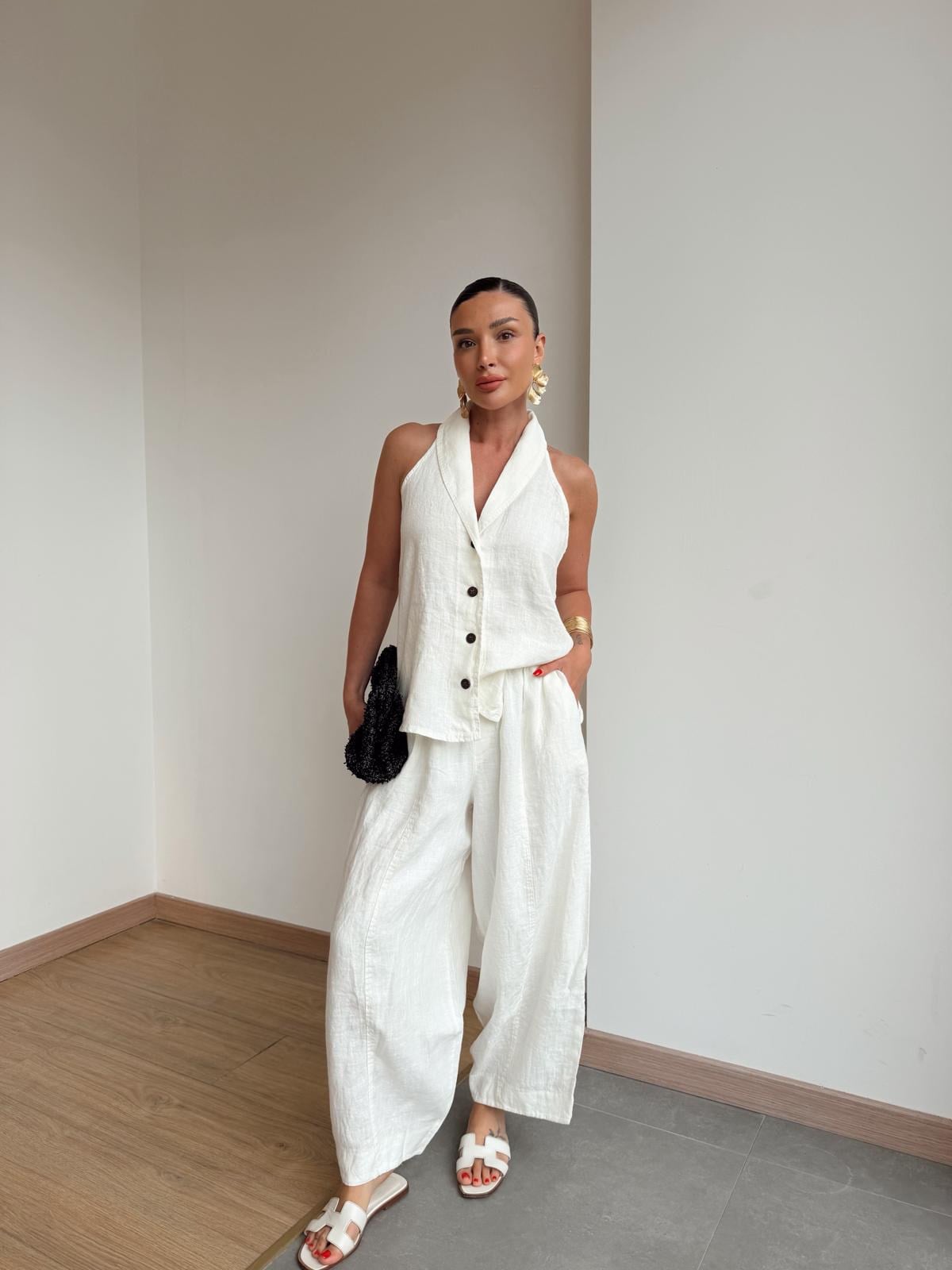 The Resort Halter & Wide-Leg Linen Set in White Color