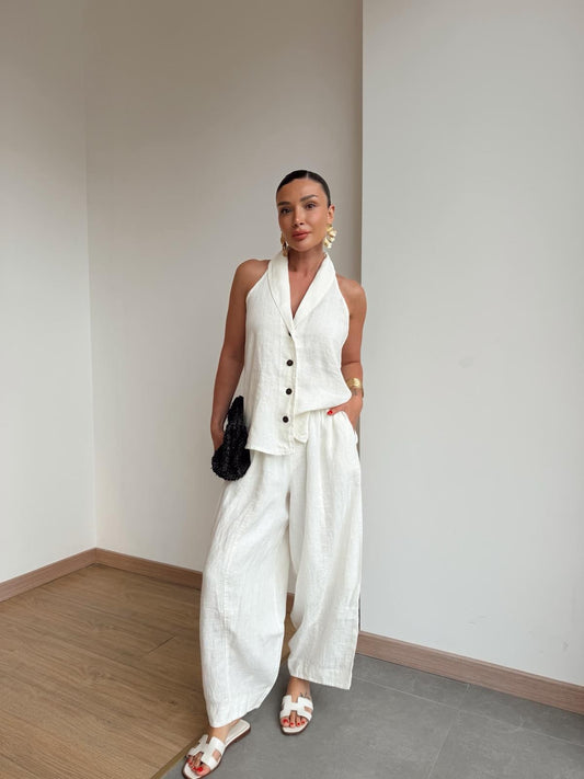 The Resort Halter & Wide-Leg Linen Set in White Color