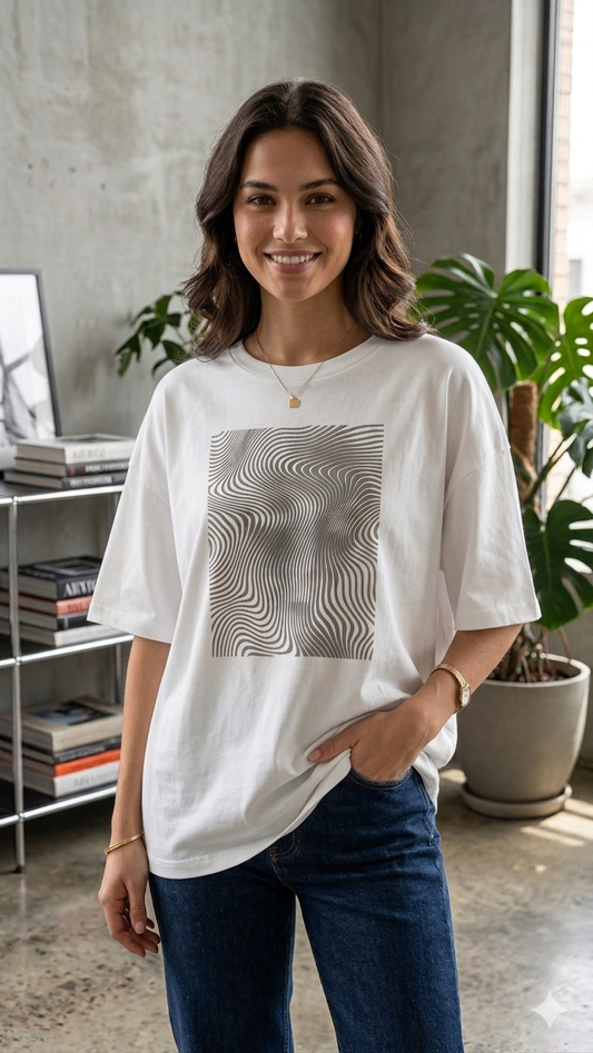Abstract Optical Line Art Oversized White T-Shirt