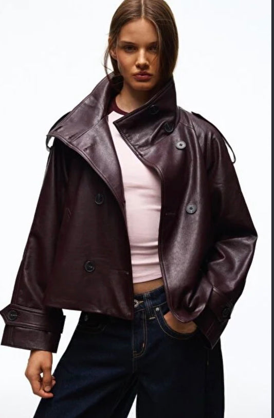 Burgundy Faux-Leather Cropped Trench Jacket