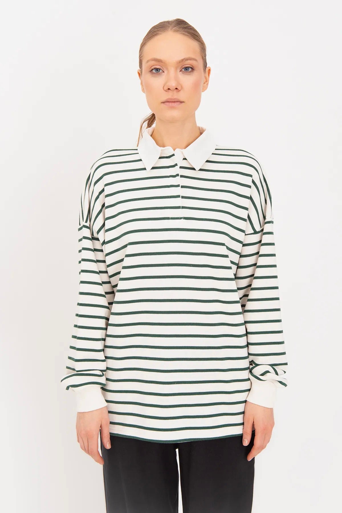 Polo Neck Green Striped Long Sleeve Women's Sweatshirt