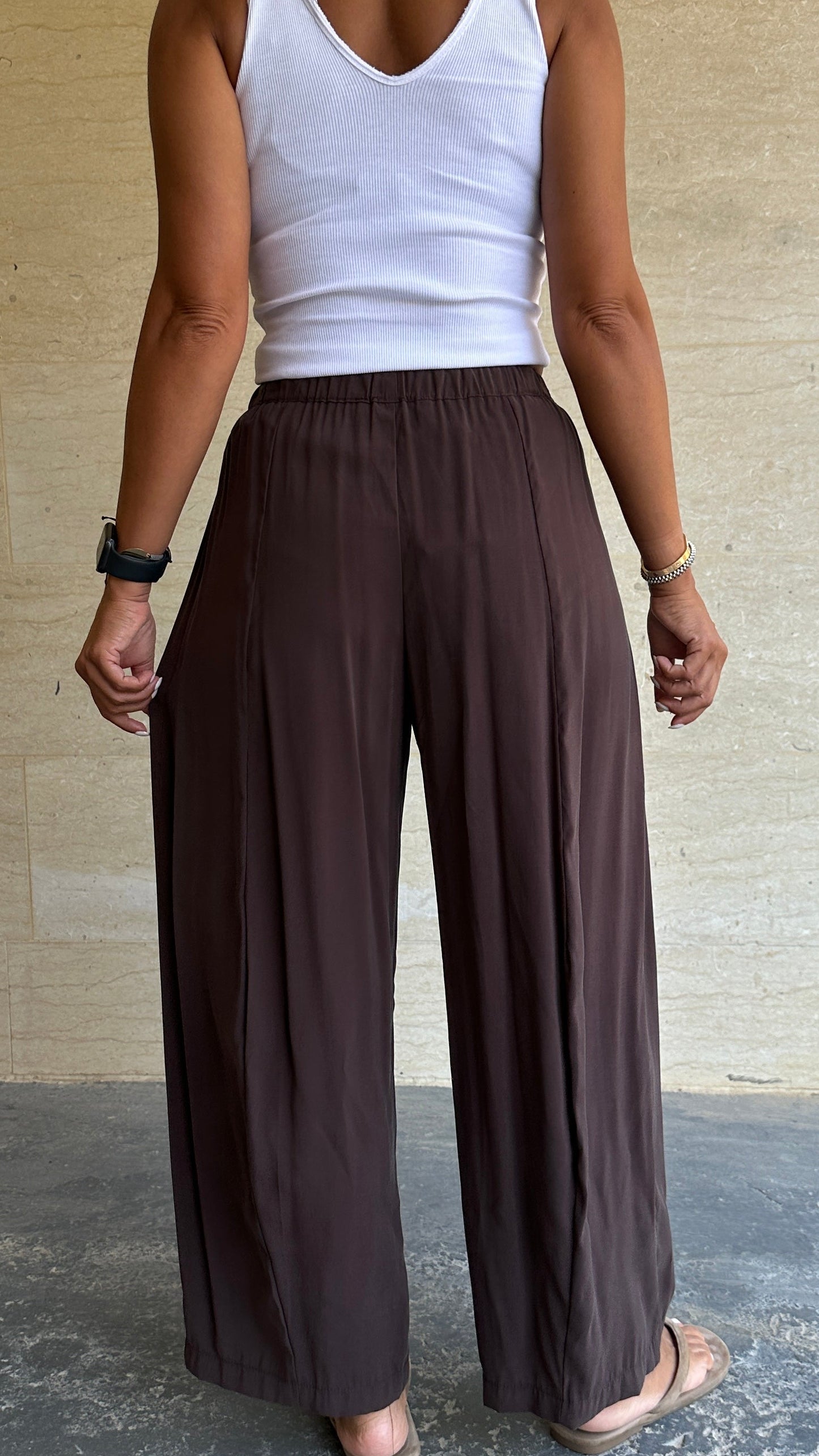 Relaxed Drawstring Wide-Leg Pants - Chocolate Brown Color -