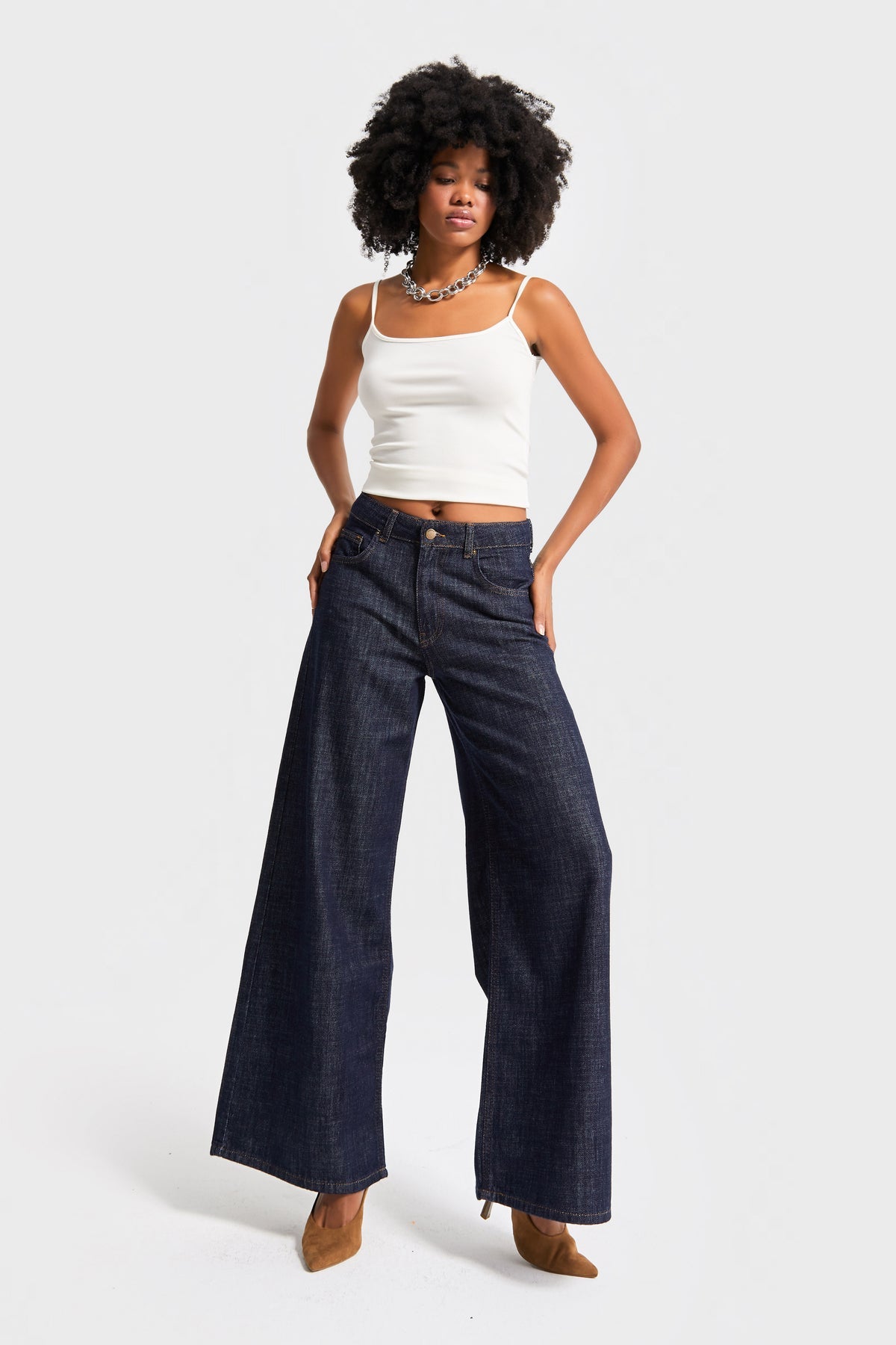 Palazzo Denim jeans- Dark Blue - Mid Waist