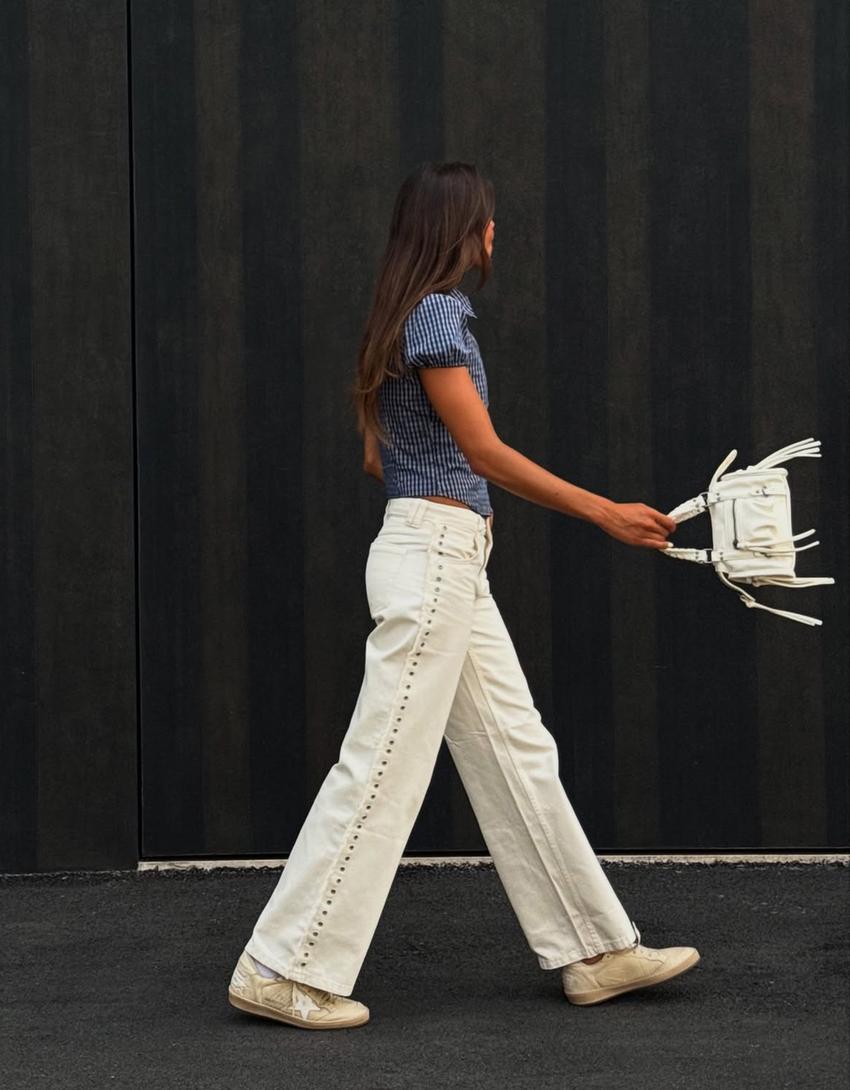 Frayed Denim Jeans straight-leg trousers with Eyelets - Mid Waist- White Color