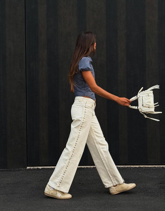 Frayed Denim Jeans straight-leg trousers with Eyelets - Mid Waist- White Color