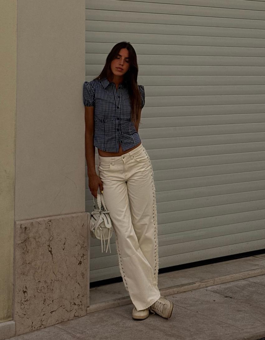Frayed Denim Jeans straight-leg trousers with Eyelets - Mid Waist- White Color