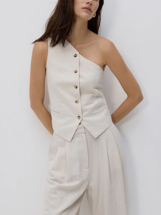 The Sculptural One-Shoulder Tailored Vest -Beige Color-