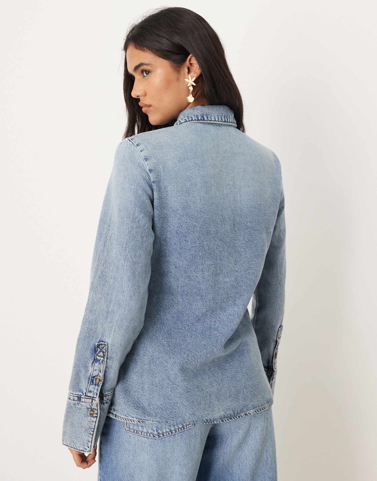 Cotton mix long sleeve denim shirt with tie neck in medium blue