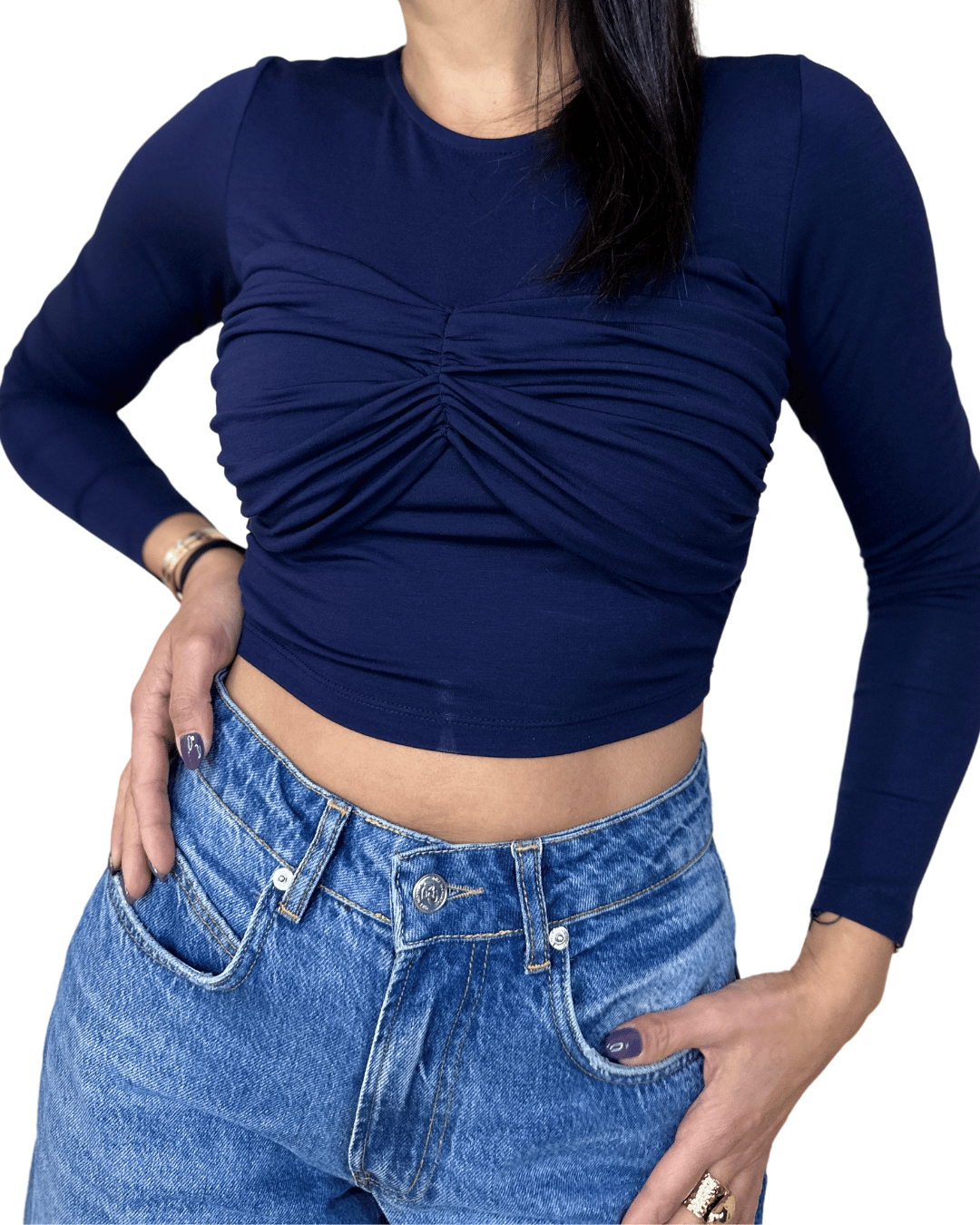 Ruched Long Sleeve Crop Top – Navy