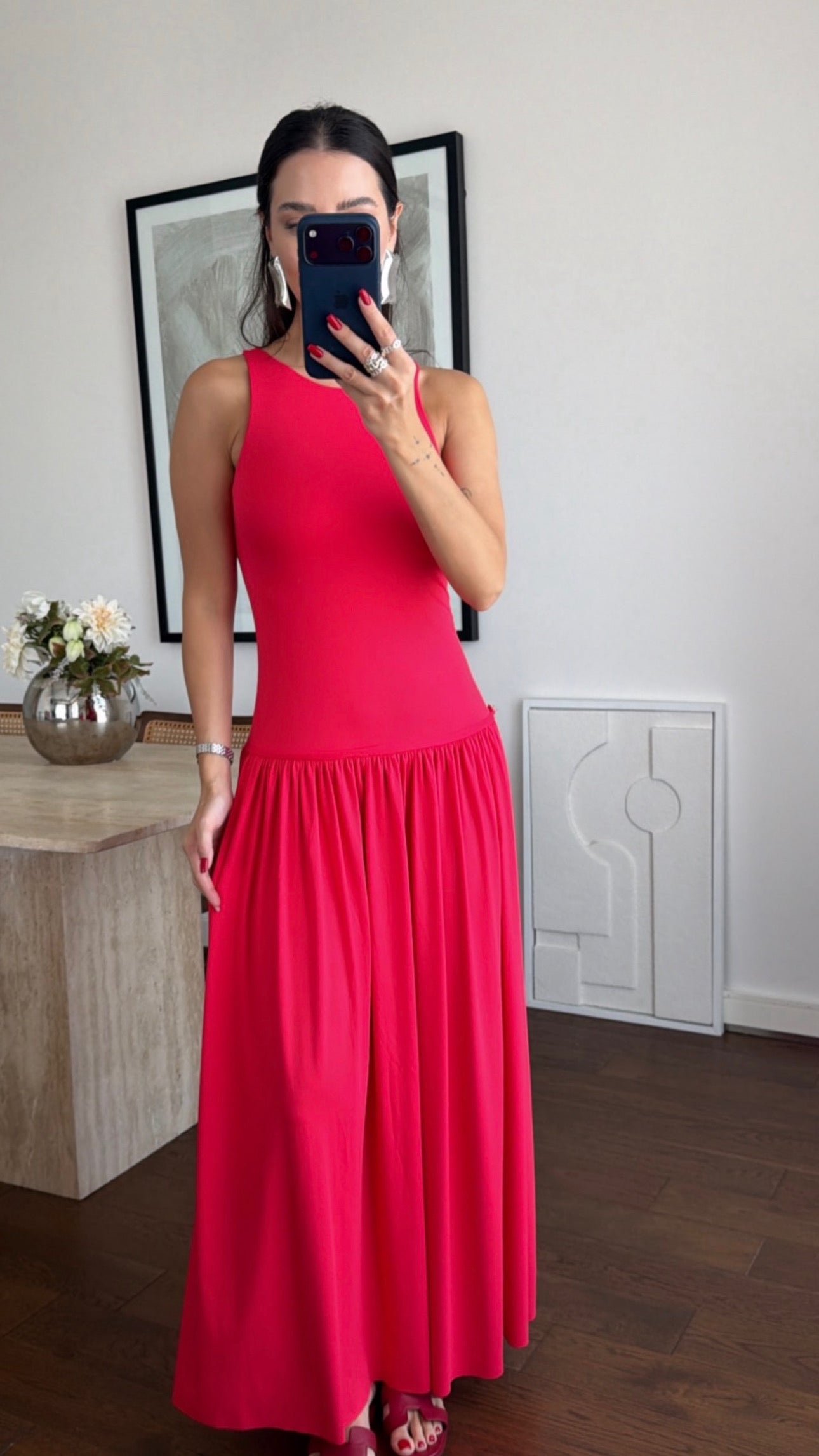 Sienna Gathered Maxi Dress -Coral Red-