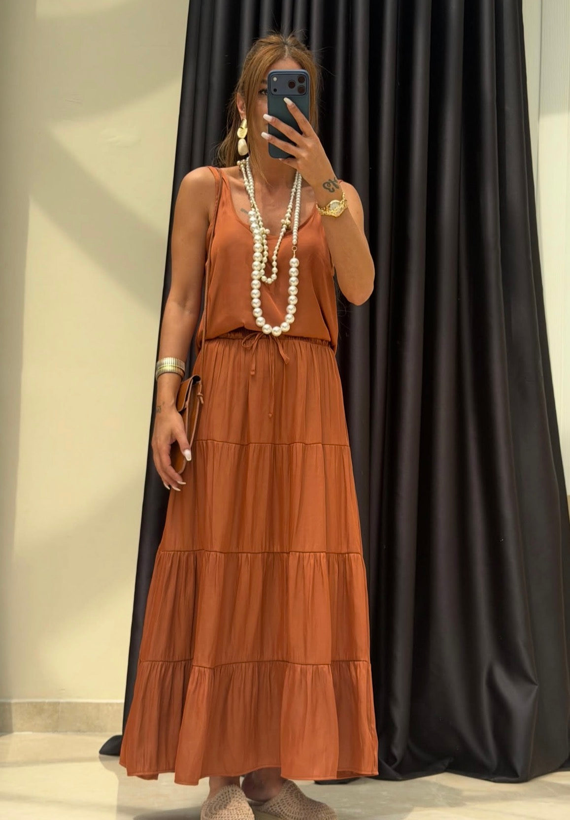 Amber Glow Silky Cami & Tiered Skirt Set