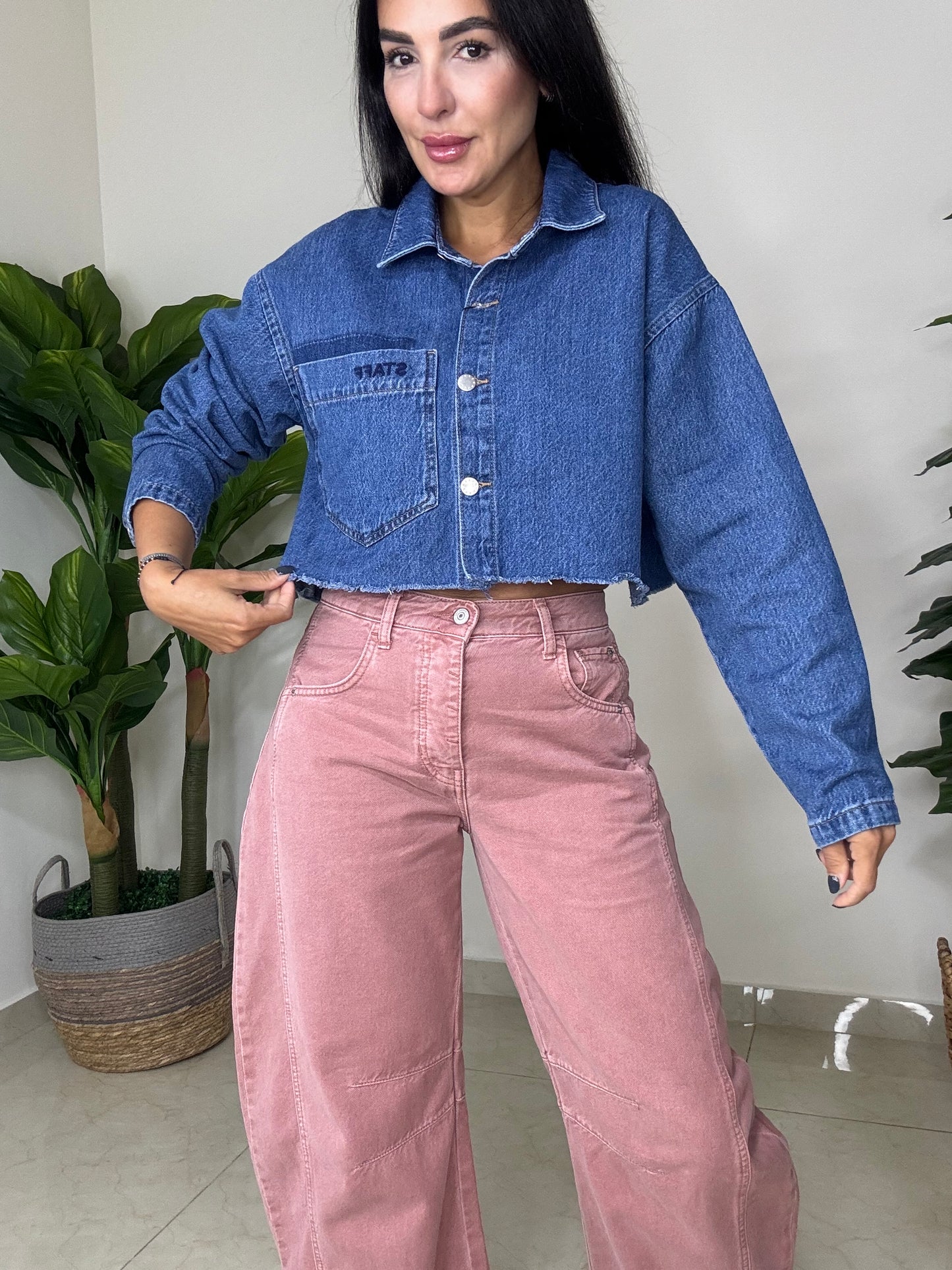 Crop Denim Shirt- Oversized- Dark Blue-