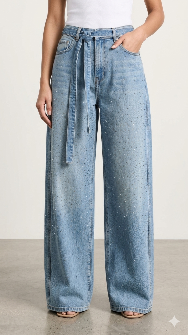 Crystal-Embellished Wide-Leg Denim with Self-Tie Belt