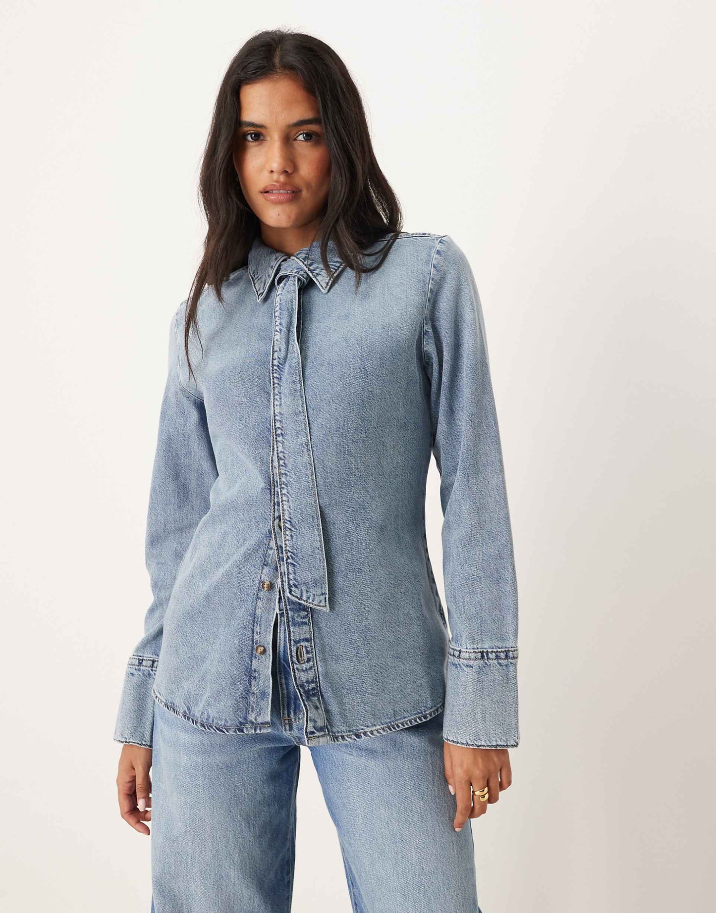 Cotton mix long sleeve denim shirt with tie neck in medium blue