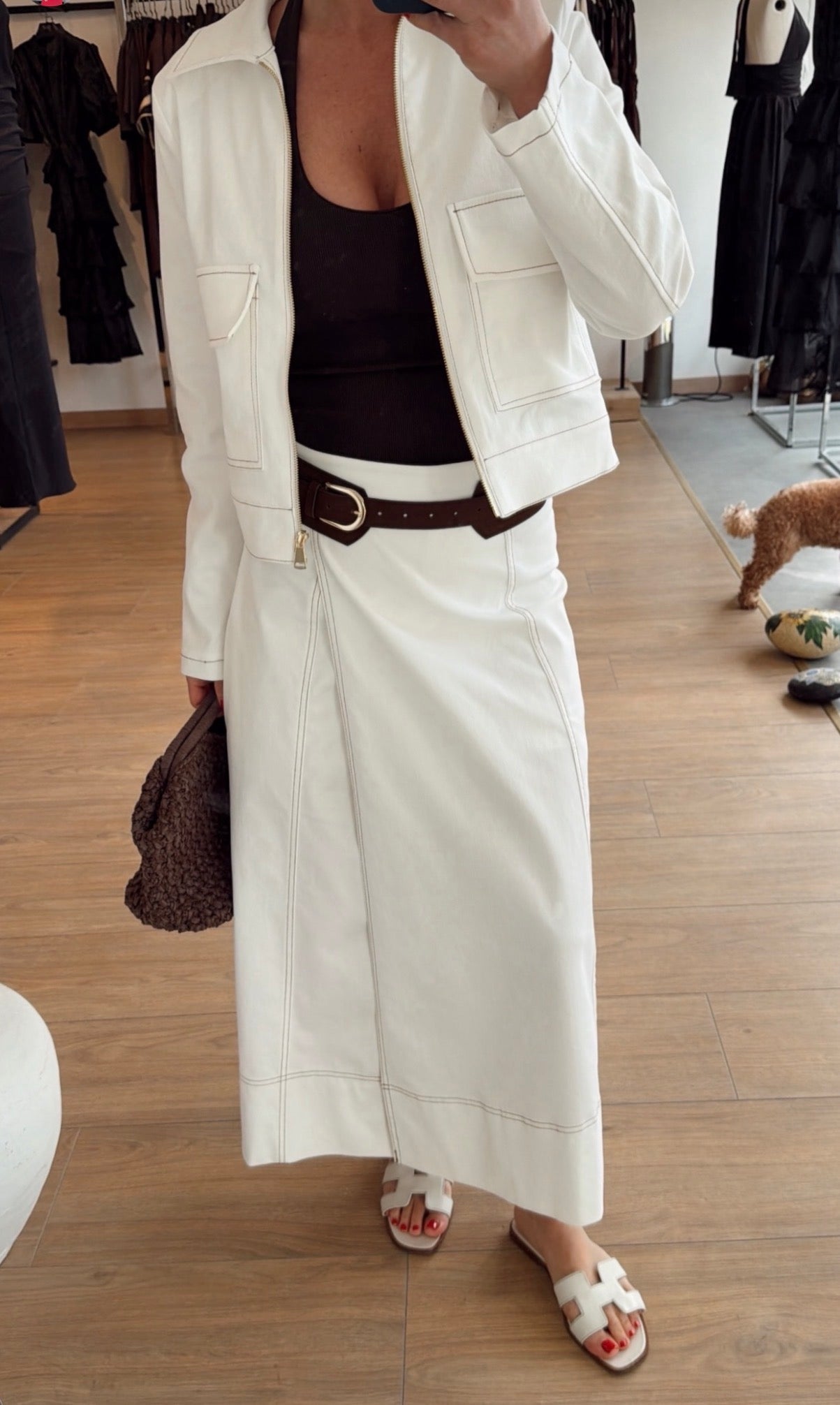 Avery Contrast-Stitch Maxi Skort Denim - White Color- with Belt