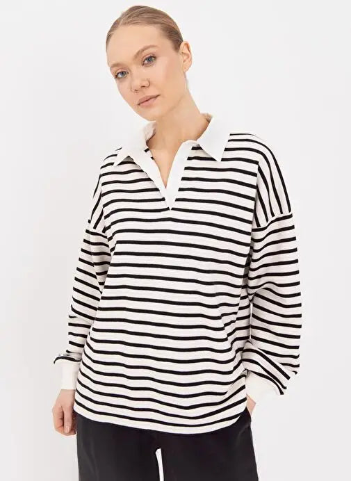 Polo Neck Black Striped Long Sleeve Women's Sweatshirt