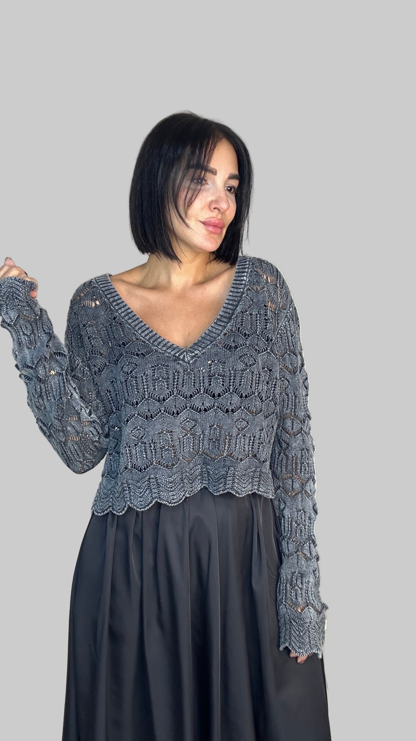 Crochet Pattern Sweater Top - Grey Color -