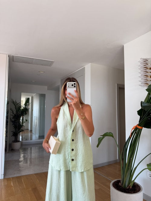 The Resort Halter & Wide-Leg Linen Set in Mint, Pastel Sage