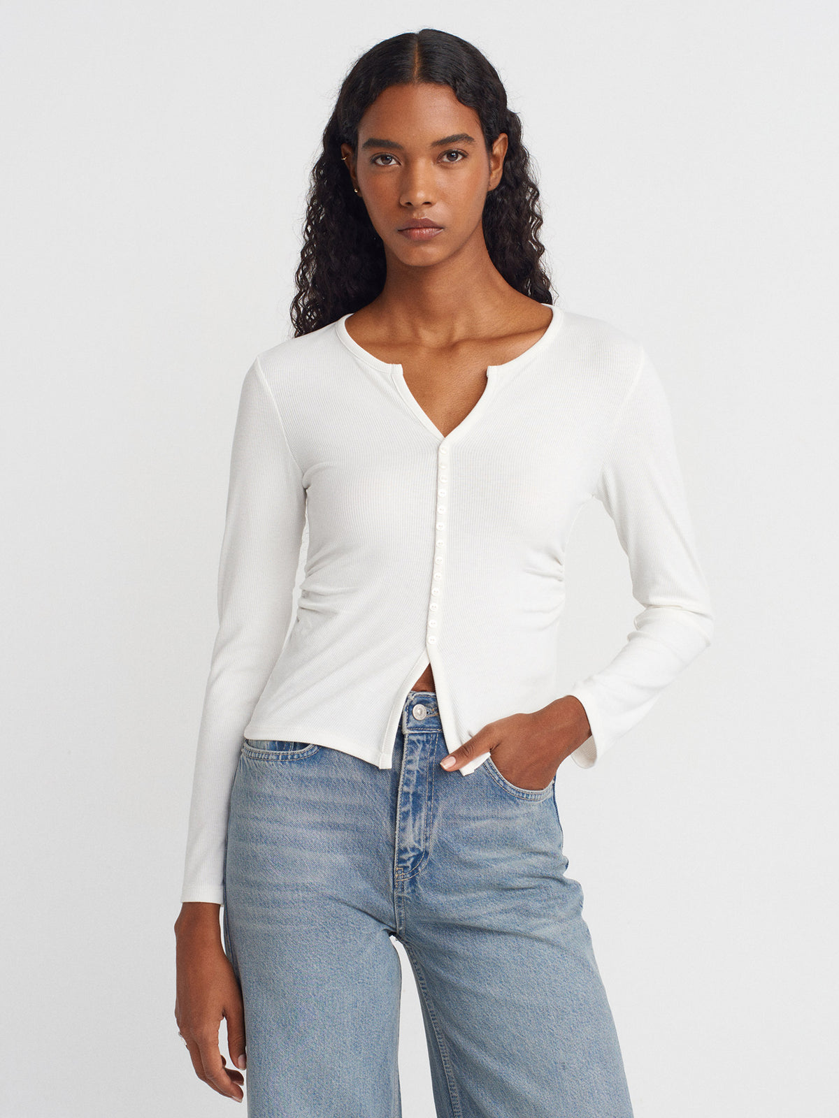 Ruched Button-Down Long Sleeve Top in White Color