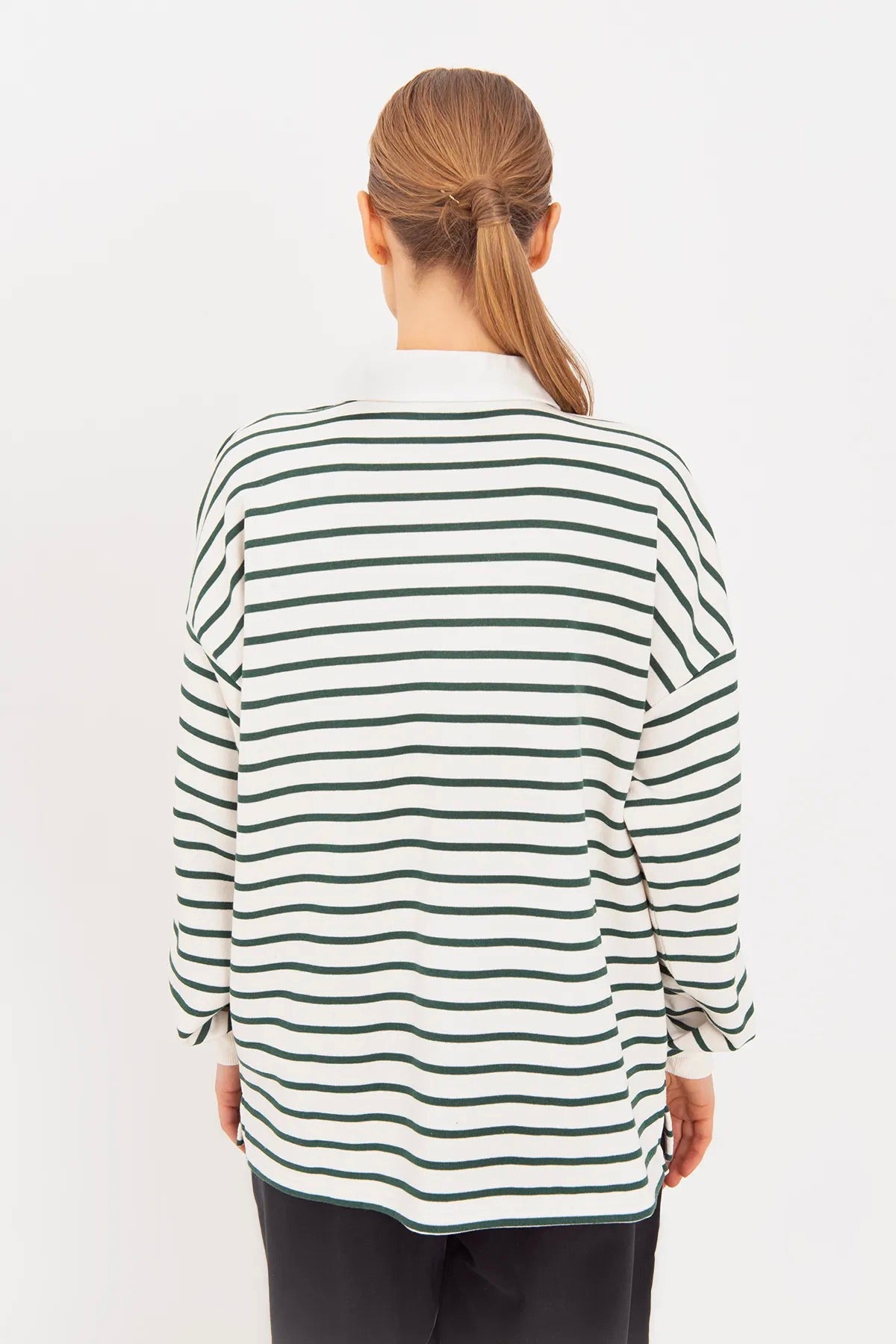 Polo Neck Green Striped Long Sleeve Women's Sweatshirt